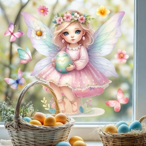 Easter electrostatic window stickers with cartoon fairies, butterflies and colorful eggs