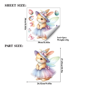 Detailed sheet size of Easter bunny wall sticker with wings and floral hat in PVC