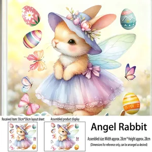 Detail of Easter angel bunny wall decal with floral hat and colorful butterfly stickers