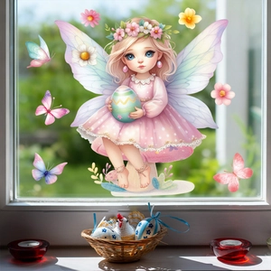 Easter static window cling featuring a cute fairy girl with butterfly wings and eggs