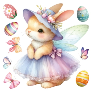 Easter bunny window cling with butterfly and colorful eggs for festive glass decoration