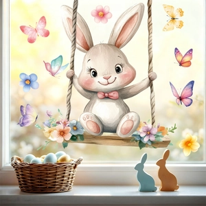 Adesivo murale di Pasqua con tenero coniglio su altalena e farfalle colorate