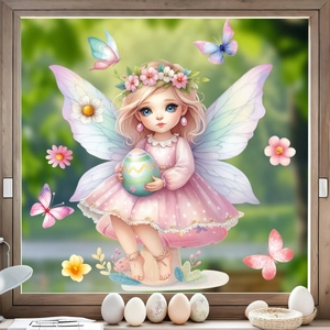 Detail of Easter static window cling featuring a cute butterfly angel elf with colorful eggs