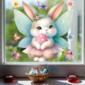 Easter bunny window stickers with fairy wings and floral elements on bright glass decor