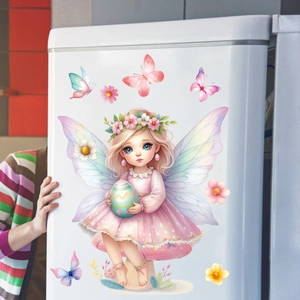 Detailed view of a cartoon fairy and easter egg static sticker on a white fridge door