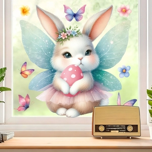 Easter bunny static window sticker with butterfly wings and colorful eggs for home decor