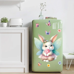 Close-up of Easter bunny fairy wall sticker with wings and flowers on a vintage fridge