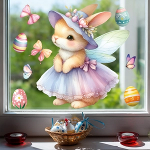 Easter window clings featuring a fairy bunny with butterfly wings and colorful eggs decoration