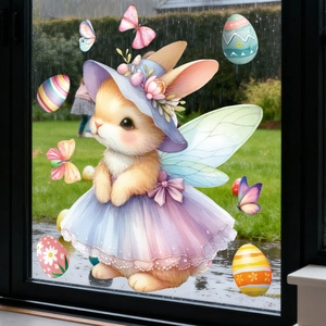 Easter bunny window cling with butterfly and floral dress for glass decoration