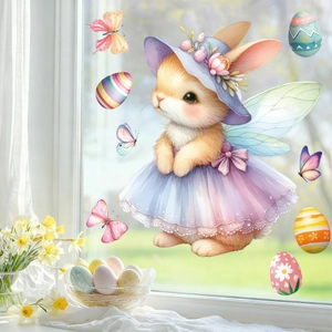 Easter window decals featuring a watercolor rabbit fairy with colorful eggs and butterflies