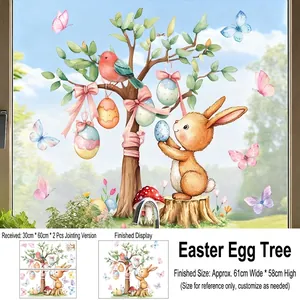 Detailed view of watercolor Easter egg tree window decals with bunnies and butterflies