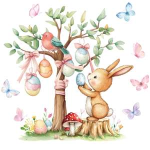 Easter watercolor window stickers featuring a bunny, bird, and colorful egg tree