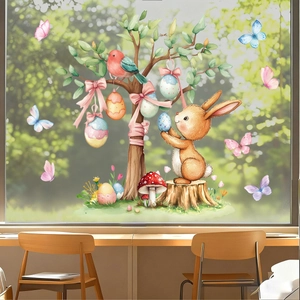 Detailed watercolor Easter window decals featuring a cute bunny and colorful egg tree
