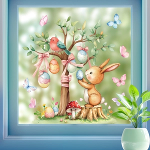 Easter watercolor window stickers showing a bunny, egg tree, and flowers on glass