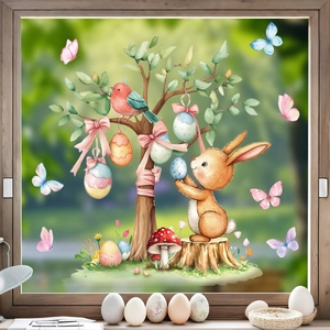 Easter Window Sticker Static Cling Watercolor Rabbit Egg Tree PVC Holiday Home Decor Decal Glass Ornament