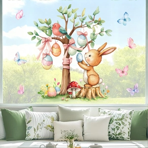 Easter egg tree and rabbit static window stickers for festive home glass decoration
