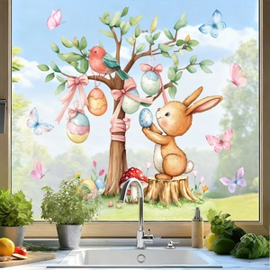 Easter egg tree and rabbit static window decals with watercolor hand-painted style elements