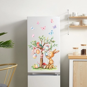 Easter watercolor egg tree stickers applied on a modern white kitchen refrigerator