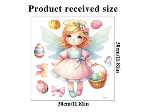Detailed size guide for 30cm Easter angel window sticker with floral wreath and eggs