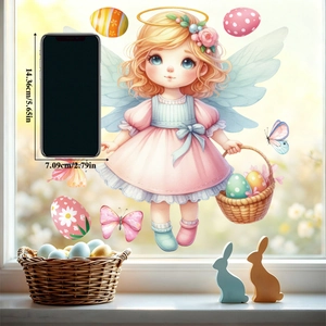 Detail view of Easter angel window sticker with dimensions shown next to a mobile phone