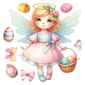 Easter angel window sticker with colorful eggs and butterflies in watercolor style