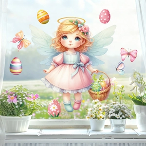 Easter window stickers with angel holding egg basket, colorful butterflies and floral pots