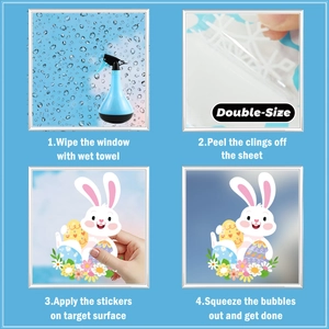 Step-by-step guide showing water application and installation of Easter window stickers