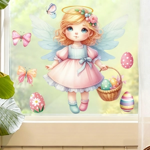 Easter window clings set with angel girl, butterfly stickers and colorful eggs decor