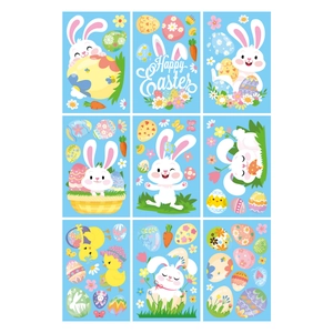 Detail view of 9 cartoon Easter static window stickers with rabbits and eggs
