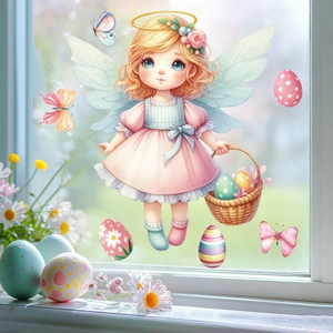 Easter window clings featuring a cute angel with eggs and butterflies for festive decoration