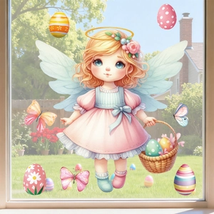 Easter window clings set featuring a cute cartoon angel girl with eggs and butterfly decals