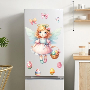 Detailed view of Easter angel and colorful egg window stickers on a white surface