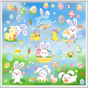 Cartoon Easter window clings set with bunnies, colorful eggs and Happy Easter text