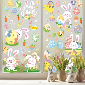 Easter static window stickers featuring cute bunnies and colorful eggs for home glass decoration
