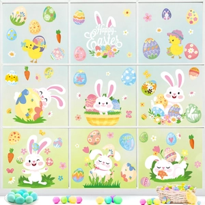 Detail of Easter static window clings with cute bunnies and colorful egg patterns