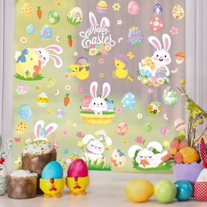 Detail of Happy Easter static window clings with cute rabbits, colorful eggs and chicks