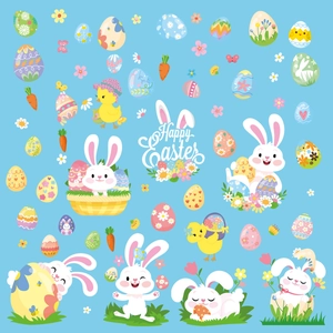 Detail of Easter stickers featuring colorful bunnies, eggs, and chicks for window decor
