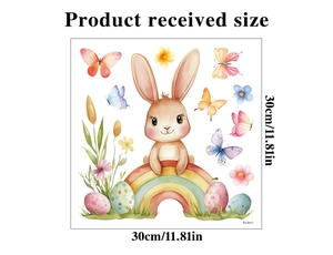 Detailed sheet view showing Easter rabbit on rainbow wall sticker with 30cm size specs