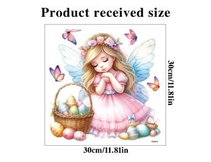 Détail du sticker de Pâques avec ange en prière, œufs colorés et papillons