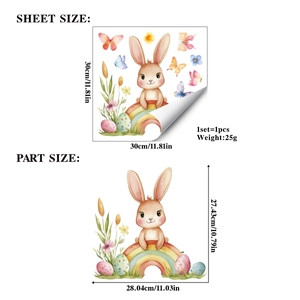 Detail view of Easter bunny wall sticker dimensions and sheet layout with rainbow pattern