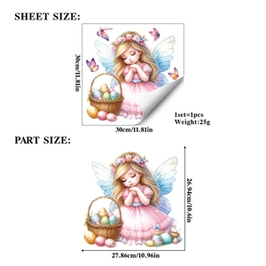 Détail des dimensions du stickers ange de Pâques avec petite fée et panier d'oeufs