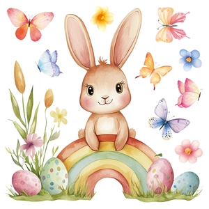 Easter watercolor static window stickers featuring bunny on rainbow and colorful eggs
