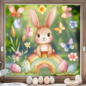 Easter static window clings set featuring watercolor bunny, rainbow and colorful eggs