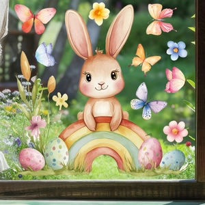 Easter static window clings set featuring watercolor bunny, rainbow, and colorful eggs