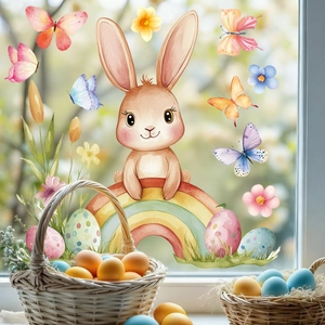 Easter static window clings featuring cartoon bunny on rainbow with floral egg decorations