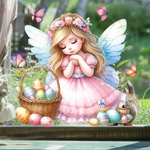 Stickers de Pâques pour fenêtre avec petite fée blonde, fleurs et œufs décoratifs