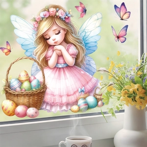 Stickers de fenêtre de Pâques avec petite fée, ailes et panier d'œufs colorés décor