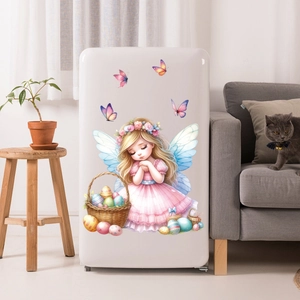 Sticker de fenêtre de Pâques détaillé avec ange, œufs colorés et papillons en aquarelle