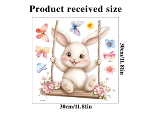 Detailed size layout of Easter window sticker with rabbit on swing and floral decor