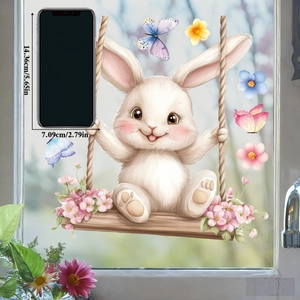 Detailed view of cute Easter bunny window sticker with size dimensions 14.36x7.09 cm